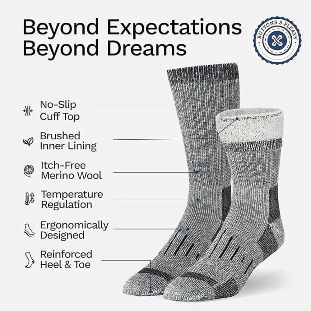 Buttons & Pleats Mens Merino Wool Blend Thermal Crew Socks 5‎ Pair Pack Grey